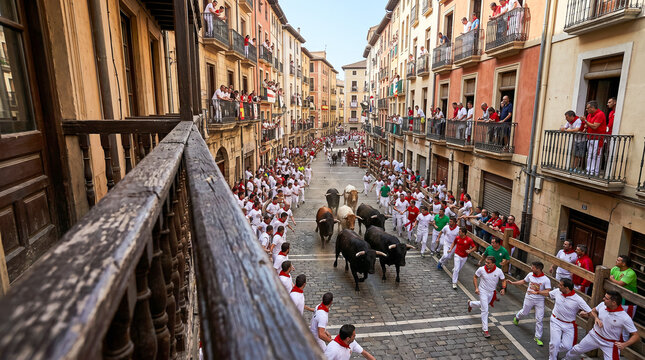 Vista elevada de un encierro tradicional desde un balc&oacute;n hist&oacute;rico.