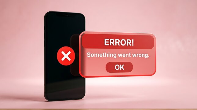 A sleek black smartphone screen showing a critical "ERROR! Something went wrong" message pop-up, indicating a system malfunction or app crash.