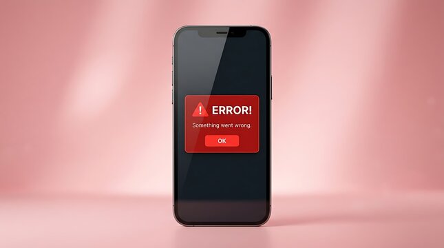A modern smartphone displaying a prominent red error message on its screen against a clean, soft pink background, symbolizing a system malfunction or digital failure.