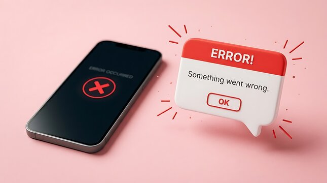 Mobile phone displaying 'Error Occurred' with red X, alongside a 3D alert bubble saying 'Something went wrong', illustrating a digital system malfunction.