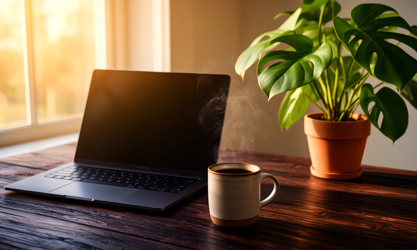 Modern laptop and steaming coffee cup on a wooden desk near sunny window
