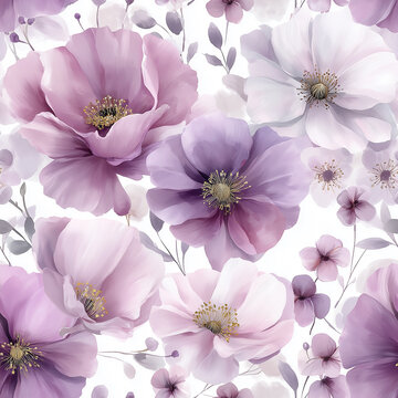 Seamless watercolor floral pattern with soft purple anemone flowers and delicate botanical leaves