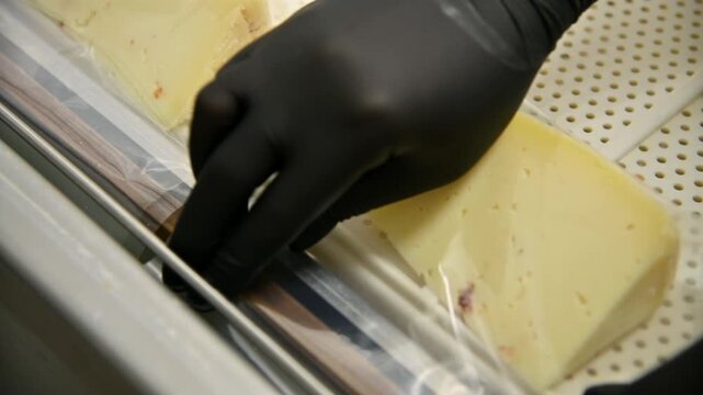 Vacuum packaging cheese slice with hands in black gloves on a perforated tray