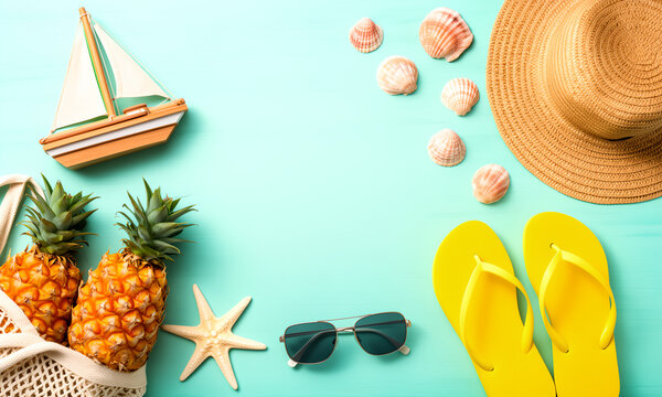 Summer vacation flat lay with pineapples, straw hat, flip flops and wooden toy boat