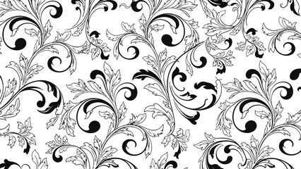 Elegant black and white seamless pattern featuring intricate floral and scrollwork motifs, creating a classic decorative background. © Bernadya