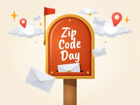 Zip code day celebration illustration with mailbox, letters, and location pins
