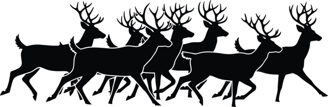 Silhouette of a herd of deer running across a white background Keywords: deer, stag, doe, fawn, wildlife, nature, forest, woodland, meadow, silhouette, black, white