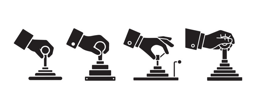 Set of black icons showing a human hand shifting a car gear stick lever for manual transmission driving.