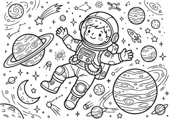 Astronaut floating among planets and stars in space © Sirajunnahar