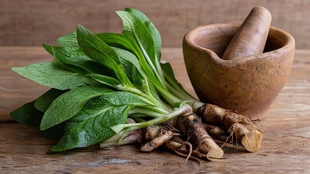 Fresh comfrey leaves and roots placed beside a rough clay mortar on wood.