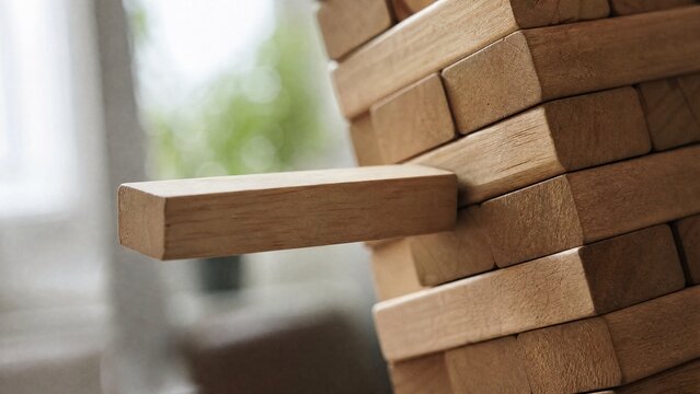 A single wooden block pulled from a tilted Jenga tower, extreme close-up.
