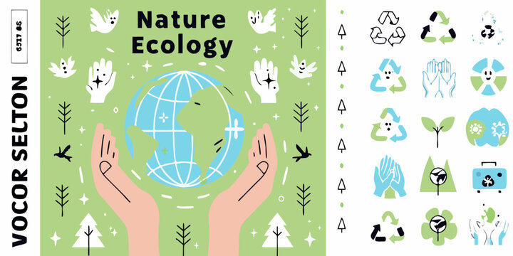 Floral ornament and recycling symbols vector illustration on a light green background