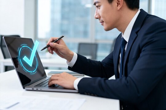 Businessman using laptop with digital checkmark