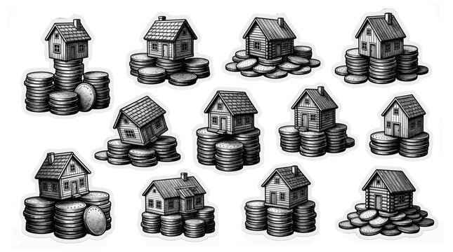 Collection of small house models with coins representing real estate