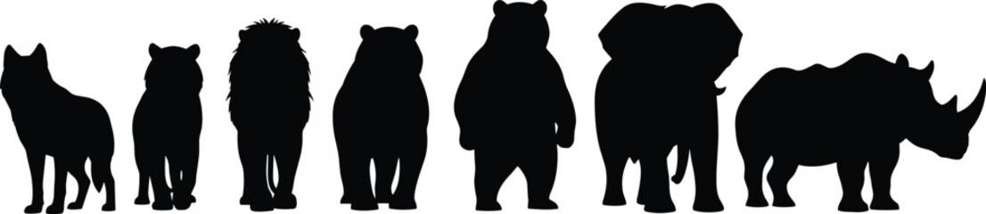 Silhouette of various wild animals standing in a row on a white background Keywords: wolf, dog, lion, lioness, bear, polar bear, elephant, rhinoceros, rhino, wildlife © Romana