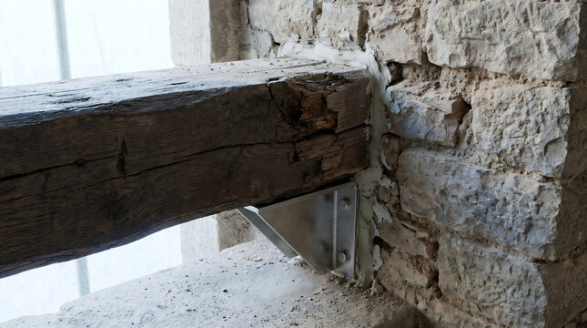 Timber to masonry bearing detail during renovation, beam end decay visible, new metal connector installed, repointed stone wall, construction dust