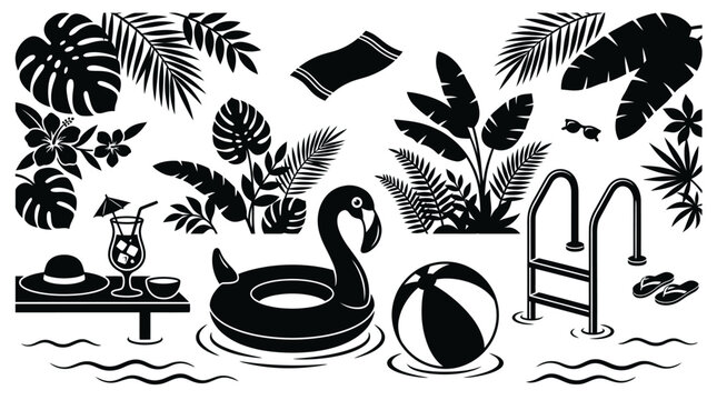 black silhouette vector, isolated, white background, summer Summer pool party, tropical icons, black and white graphics, inflatable swan, beach ball isolated on White Background