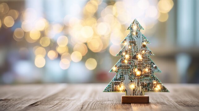 Circuit board Christmas tree standing on wood, glowing with lights and blurred bokeh, symbolizing modern holiday technology