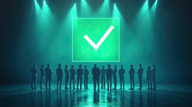 A united group stands beneath a glowing check mark on a dramatic stage, symbolizing approval, teamwork, trust, and collective achievement in a bold corporate vision