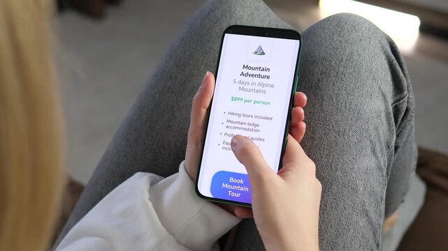 Viewing a 5-day Mountain Adventure tour on a smartphone. The screen shows hiking tours, lodge accommodation, and 899 dollars price. Perfect for travel apps, tourism, and outdoor vacation planning