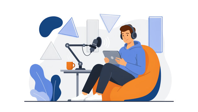 Young man sitting in a bean bag chair recording a podcast with a microphone and tablet Vector