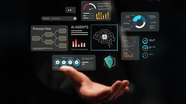 Futuristic Concept of AI Agents and Data Visualization in Business Environment with Process Flow Charts and Analytical Graphs Gluon.