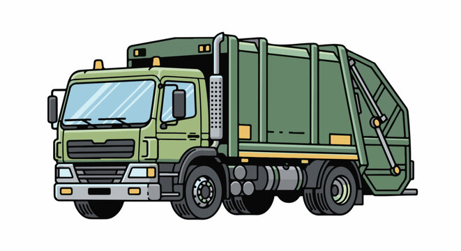 A green, stylized garbage truck illustration with a large compactor on the rear