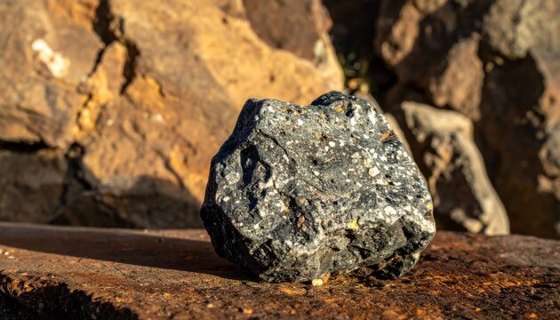 Rough uranium ore rock specimen displaying its natural dark, speckled texture against a blurred background.