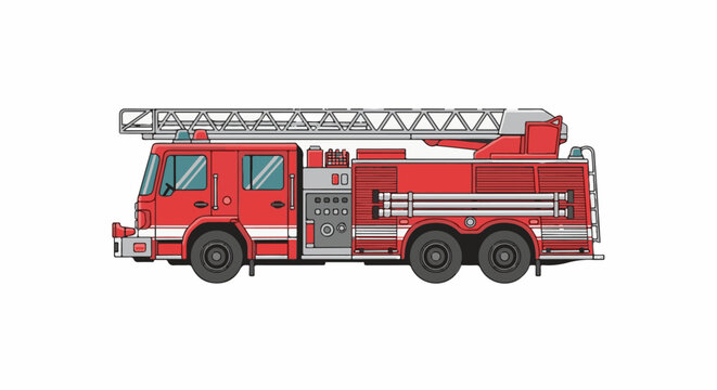 A side view illustration of a bright red fire engine with a ladder