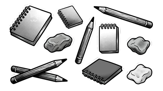 Collection of stationery items including notebooks pens and erasers