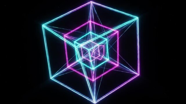 Tesseract 4D hypercube projection rotating, mathematical geometry abstract background seamless loop