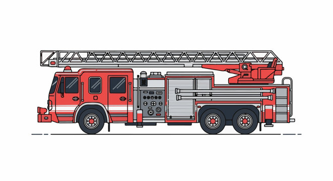 Detailed side view illustration of a red ladder fire truck with equipment and a raised ladder