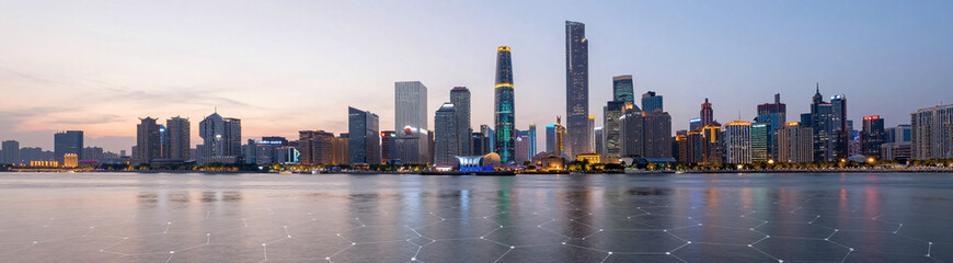 Naklejka premium futuristic cityscape dusk sleek skyscrapers neon lights reflecting large body water featuring abstract hexagonal