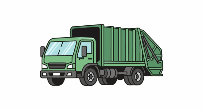 A simplified illustration of a green refuse truck with a closed container