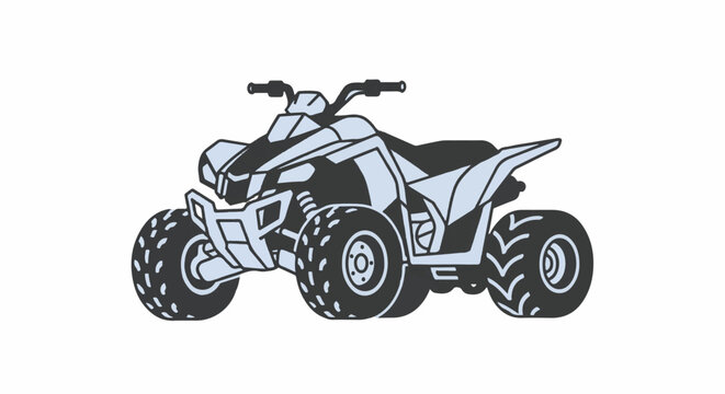 A stylized illustration of a four-wheeled all-terrain vehicle in light blue and dark gray