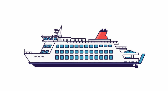 Stylized illustration of a multi-deck passenger and vehicle ferry, white with blue windows and red smokestack