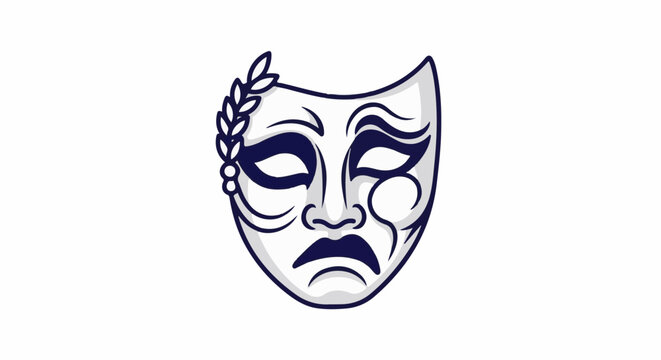 A dramatic theatre mask with a laurel wreath, conveying sadness and tragedy
