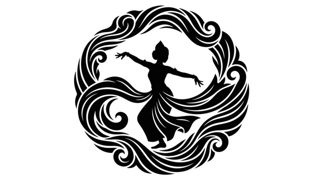 Elegant black silhouette of a traditional ethnic dancer framed by an ornate swirling circular border