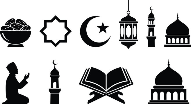 Islamic Ramadan black silhouette icon set featuring mosque quran lantern and crescent moon vector elements,