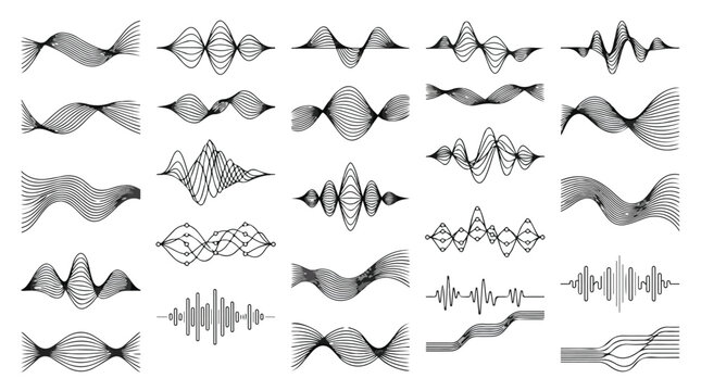 Minimalist sound wave collection, 25 black linear audio frequency icons, abstract digital signal waveforms for music production and podcasting