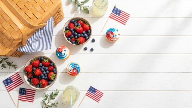 ​4th of July picnic flat lay background with patriotic cupcakes, fresh strawberries, blueberries, American flags and picnic basket on white wooden table