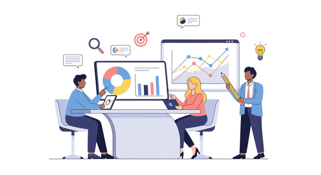 Business people discussing data analysis.