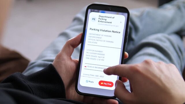 Viewing a Parking Violation Notice on a smartphone. The inbox shows a warning alert and the detailed notice opens with a red Pay Fine button. Perfect for municipal services, digital citations, and