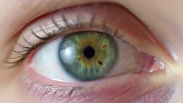 Close-up human eye with green hazel iris and natural skin texture