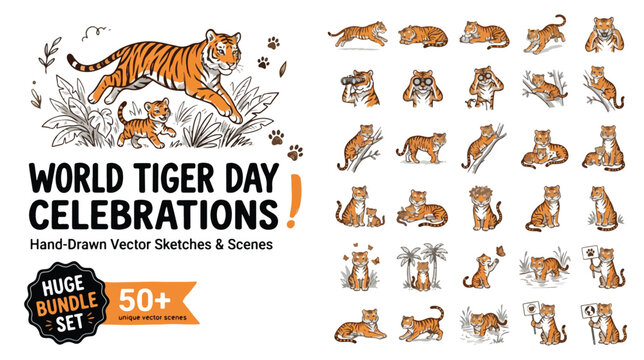 World Tiger Day Celebrations Hand-Drawn Vector Sketch Set