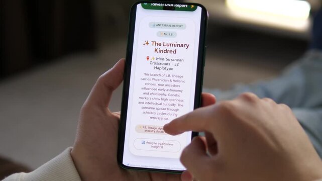 Viewing a detailed DNA ancestry report on a smartphone. The screen displays The Luminary Kindred with Mediterranean crossroads and J2 haplotype details. Perfect for genealogy apps, genetic testing