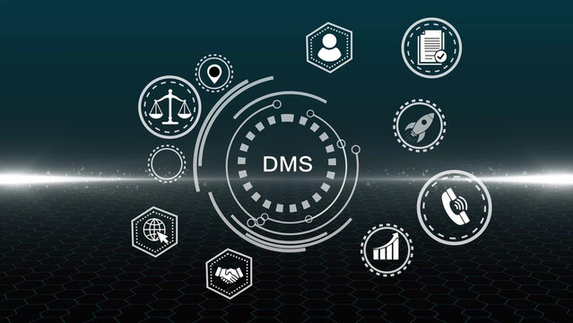 DMS document management system infographic with icons and circular diagram graphic
