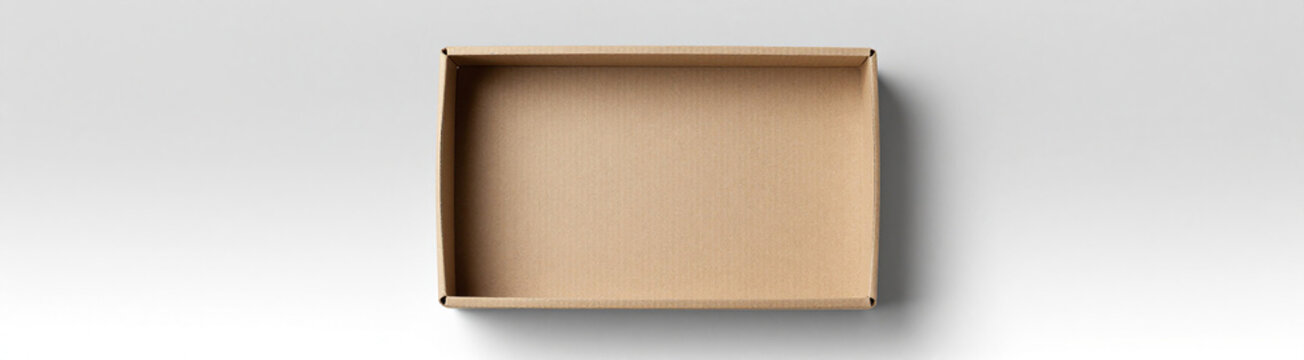 minimalist flat lay blank open cardboard box packaging subtle gradient soft diffused studio lighting faint texture