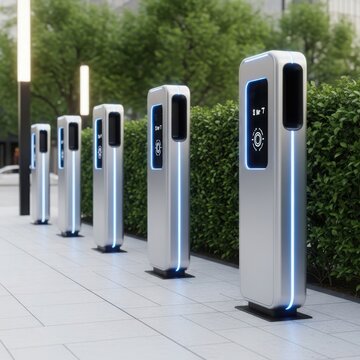 Modern electric car charging stations lined up outdoors Vector