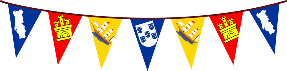 Portugal themed design with bunting flags, symbols, map, castles, ships, and crests on white, blue, and yellow background. Perfect for travel brochures and national celebrations. © Sawah Maya